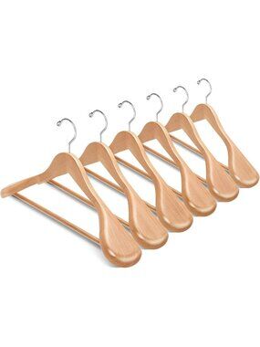 Natural Wooden Suit Hangers - 6 Pack, Wide Shoulder Design for Optimal Support